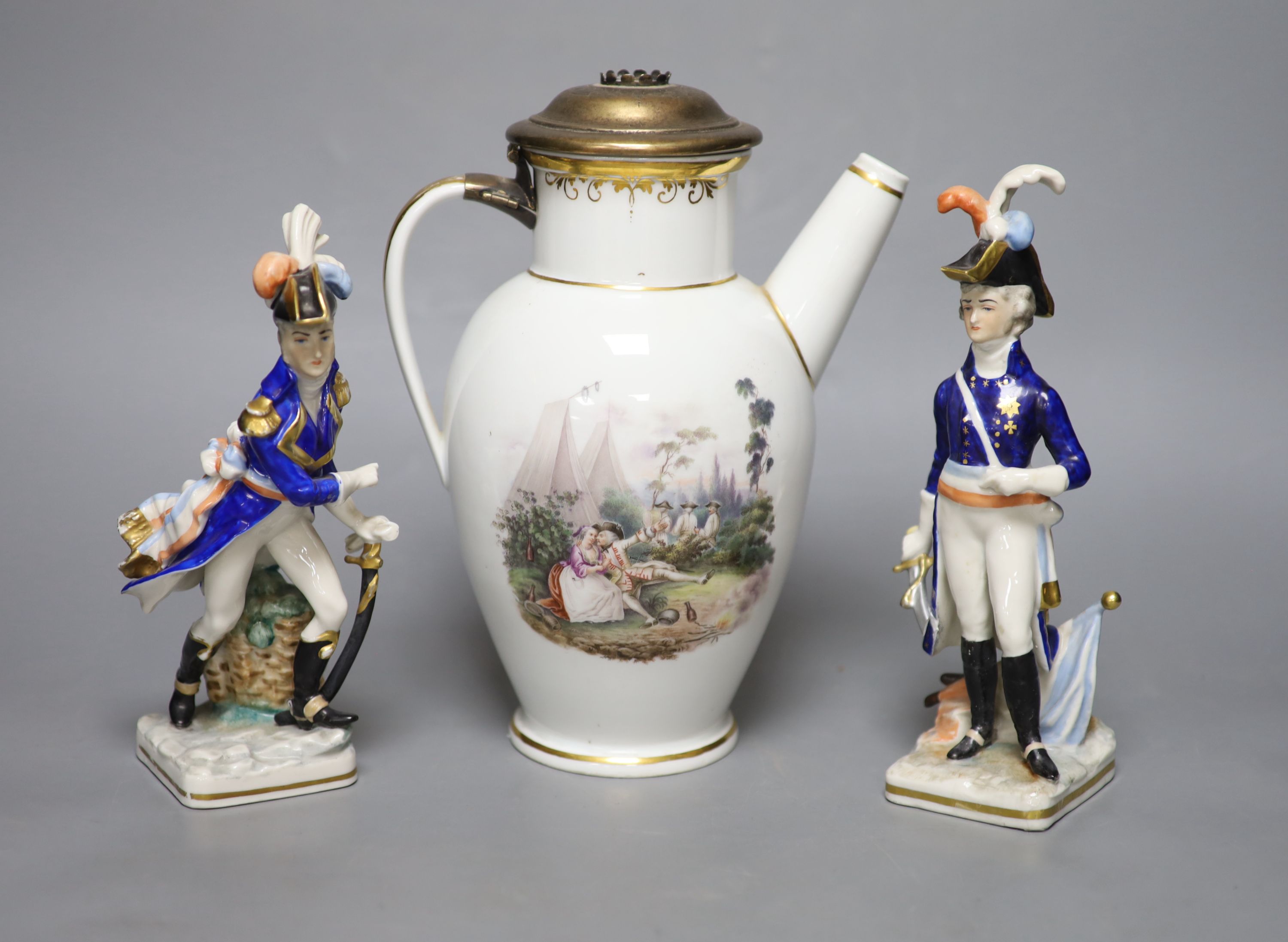 A 19th century Meissen porcelain coffee pot, and pair soldiers